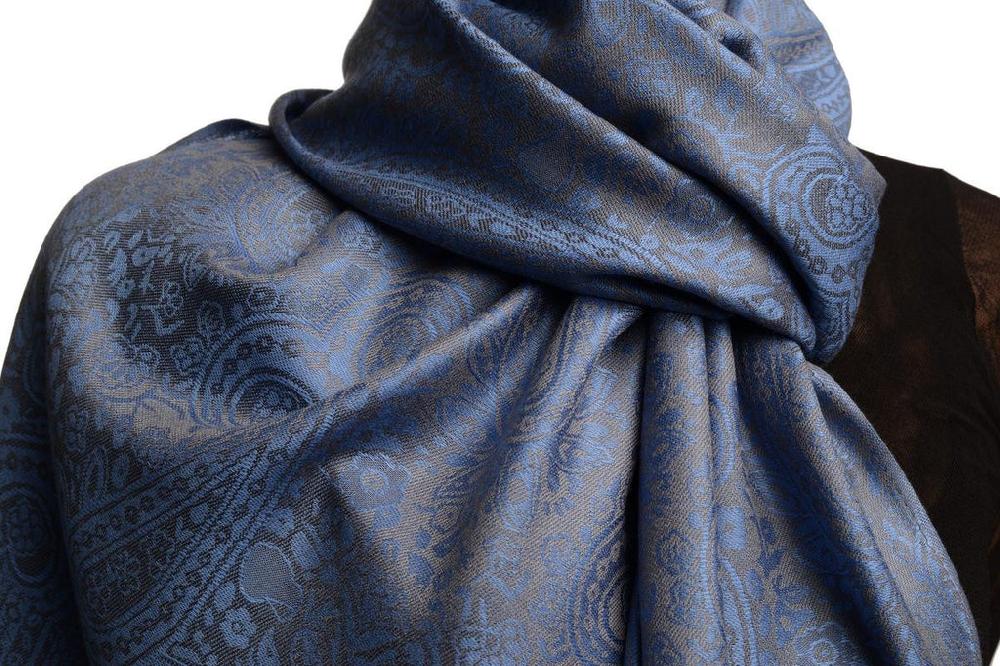 Liss Kiss Violet Blue & Grey Paisleys Pashmina Feel With Tassels - Scarf