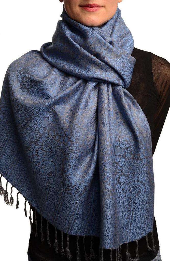 liss kiss Violet Blue & Grey Paisleys Pashmina Feel With Tassels - Scarf