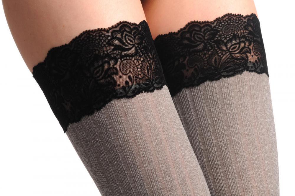 Liss Kiss Warm Striped Grey With Black Velvet Silicon Floral Garter 60 Den - Hold Ups