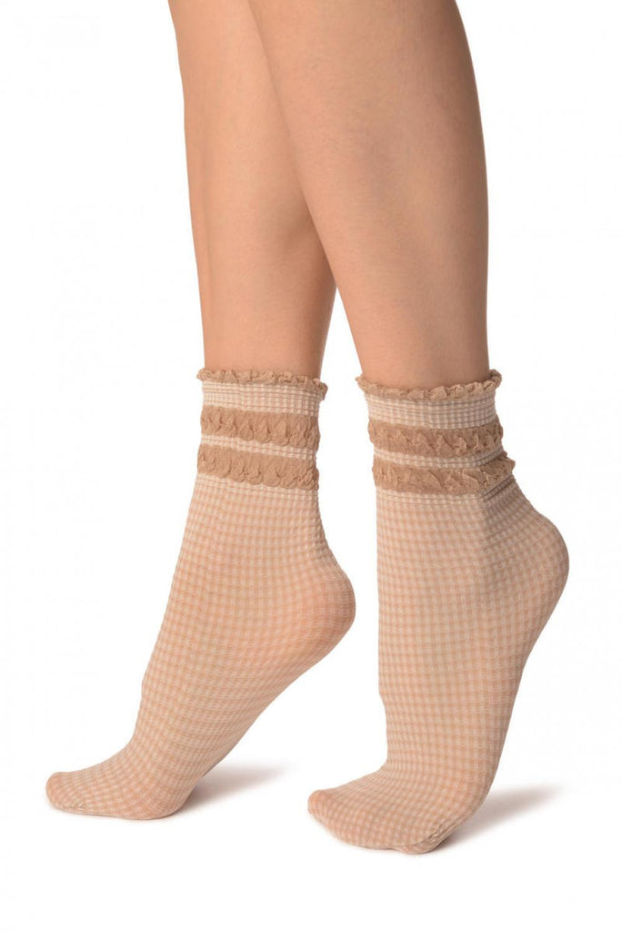 Liss Kiss White & Beige Checkered And Silky Comfort Top Ankle High Socks - Socks