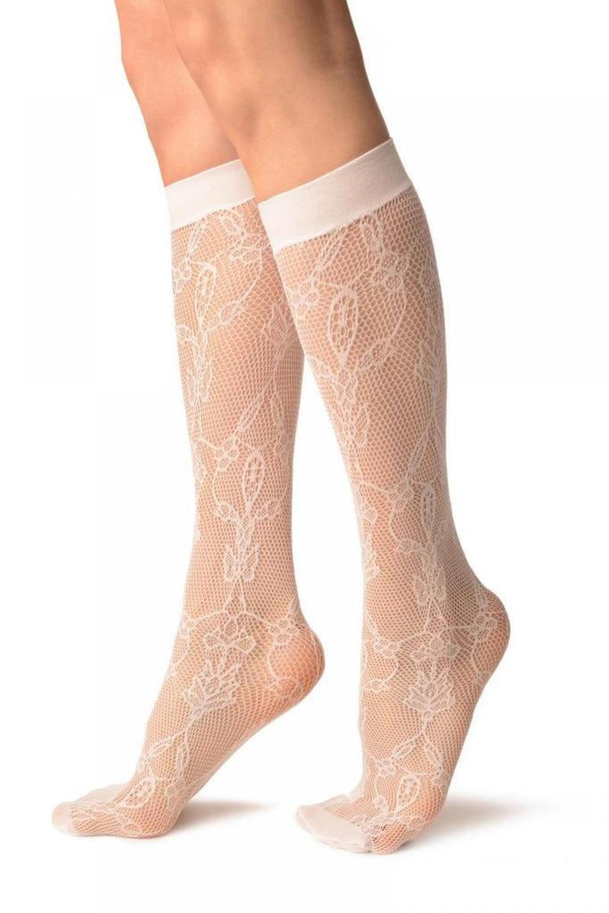Liss Kiss White Bell Flowers Lace Socks Knee High - Socks