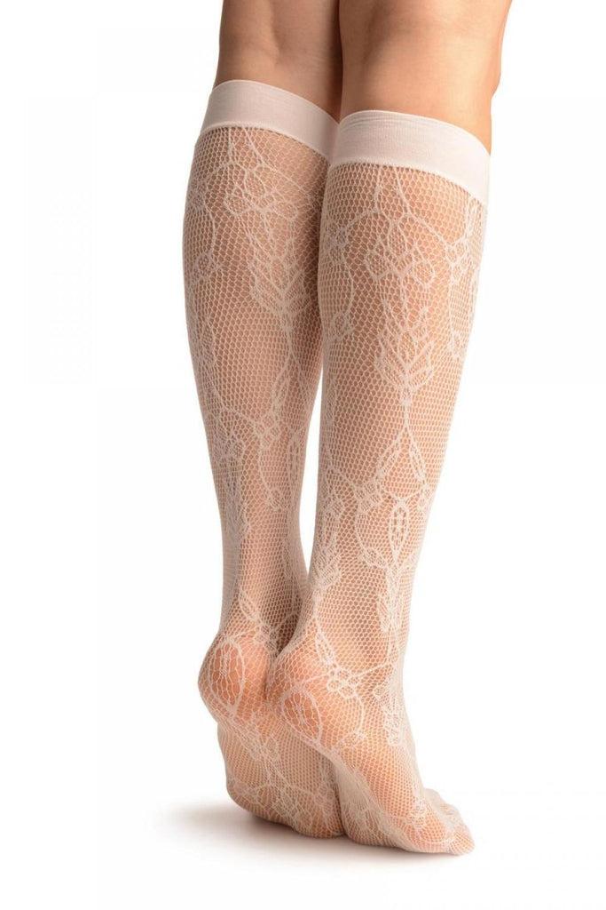 Liss Kiss White Bell Flowers Lace Socks Knee High - Socks