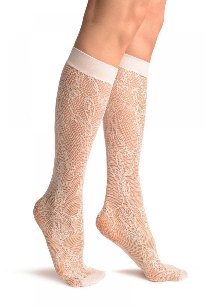 liss kiss White Bell Flowers Lace Socks Knee High - Socks