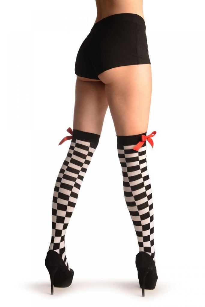 Liss Kiss White & Black Checkered With Red Satin Bow - Over The Knee Socks