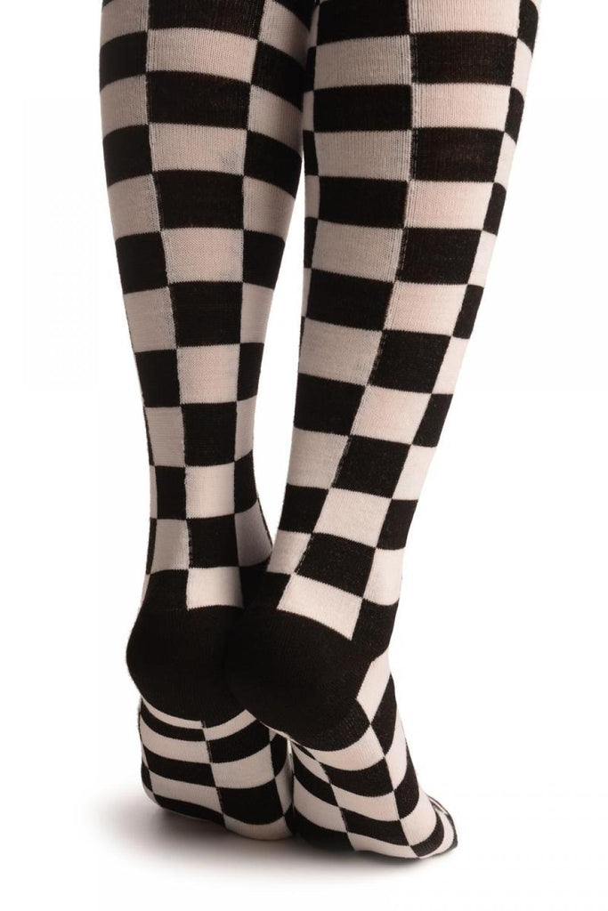 Liss Kiss White & Black Checkered With Red Satin Bow - Over The Knee Socks