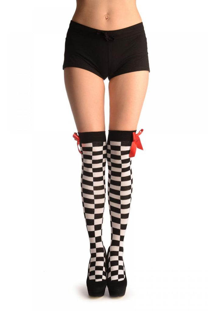 Liss Kiss White & Black Checkered With Red Satin Bow - Over The Knee Socks