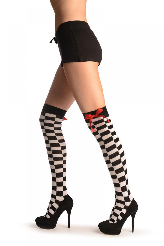 liss kiss White & Black Checkered With Red Satin Bow - Over The Knee Socks