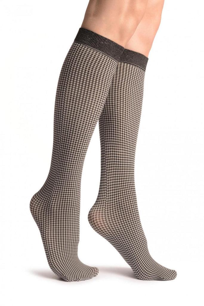 Liss Kiss White & Black Dogtooth Socks Knee High - Socks