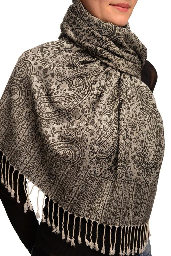 Liss Kiss White & Black Paisleys Pashmina Feel With Tassels - Scarf