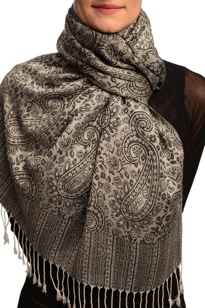 liss kiss White & Black Paisleys Pashmina Feel With Tassels - Scarf