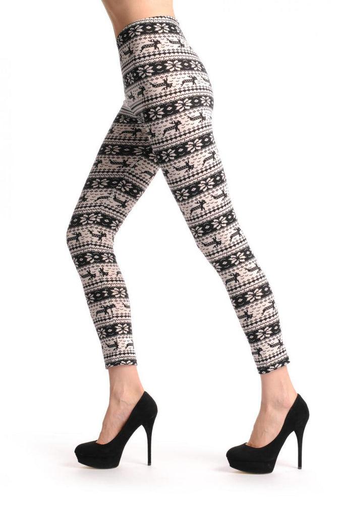 Liss Kiss White & Black Reindeers Aztec Jacquard Knit - Leggings