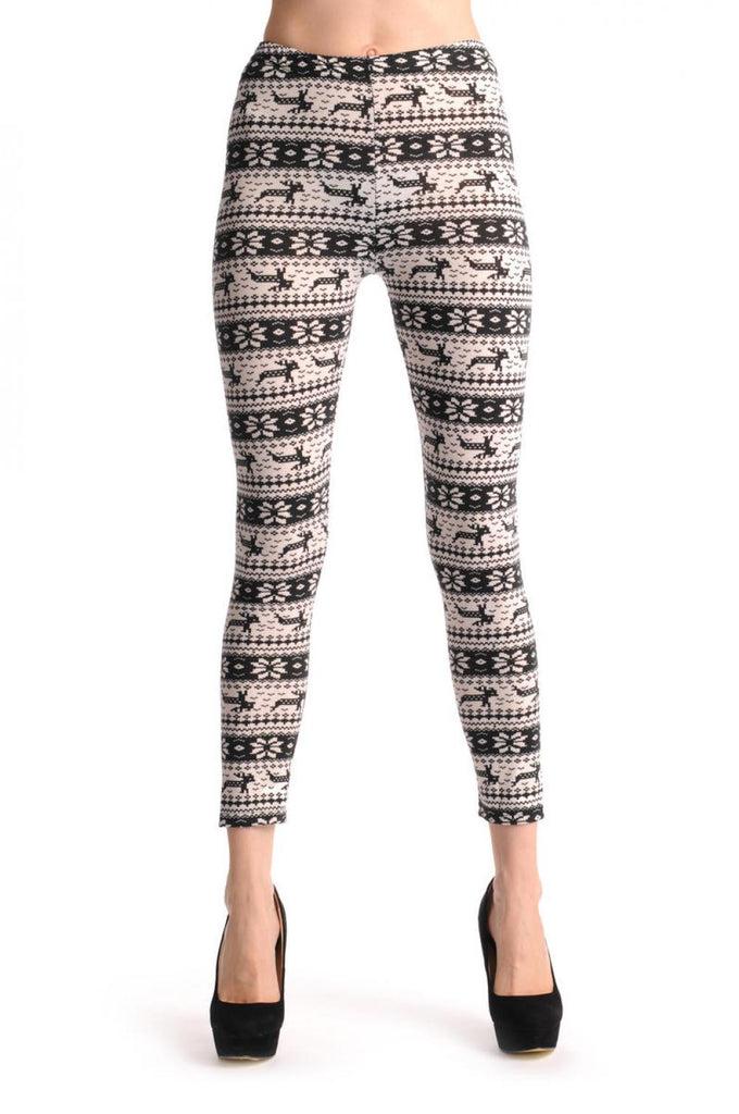 Liss Kiss White & Black Reindeers Aztec Jacquard Knit - Leggings
