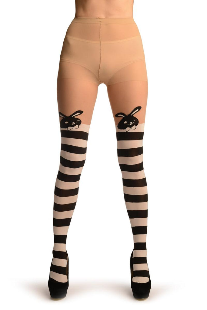 Liss Kiss White & Black Stripes And Smiling Bunnies Faux Stocking - Tights