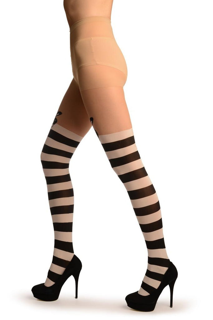 Liss Kiss White & Black Stripes And Smiling Bunnies Faux Stocking - Tights