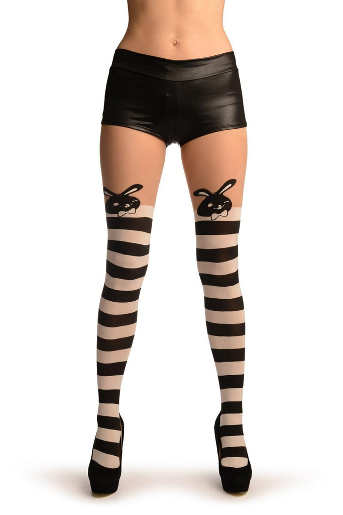 liss kiss White & Black Stripes And Smiling Bunnies Faux Stocking - Tights