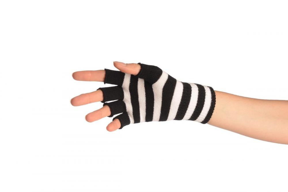 Liss Kiss White & Black Stripes Short Fingerless Gloves - Gloves