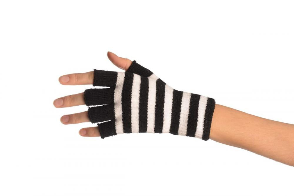 Liss Kiss White & Black Stripes Short Fingerless Gloves - Gloves