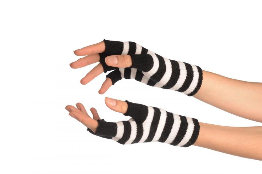 Liss Kiss White & Black Stripes Short Fingerless Gloves - Gloves