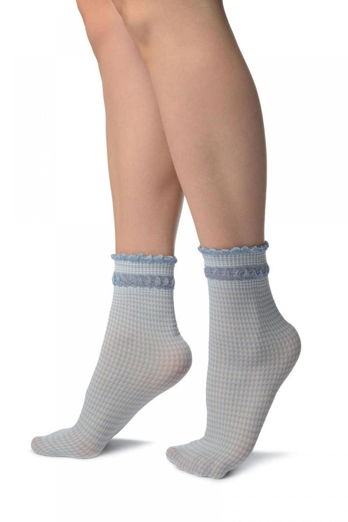 Liss Kiss White & Blue Checkered And Silky Comfort Top Ankle High Socks - Socks