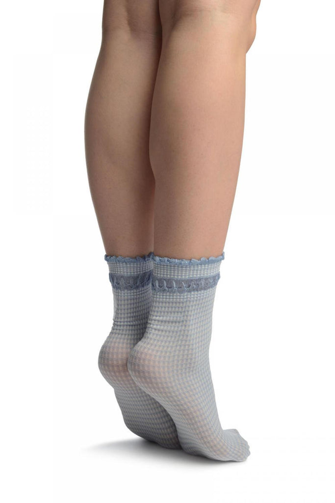 Liss Kiss White & Blue Checkered And Silky Comfort Top Ankle High Socks - Socks