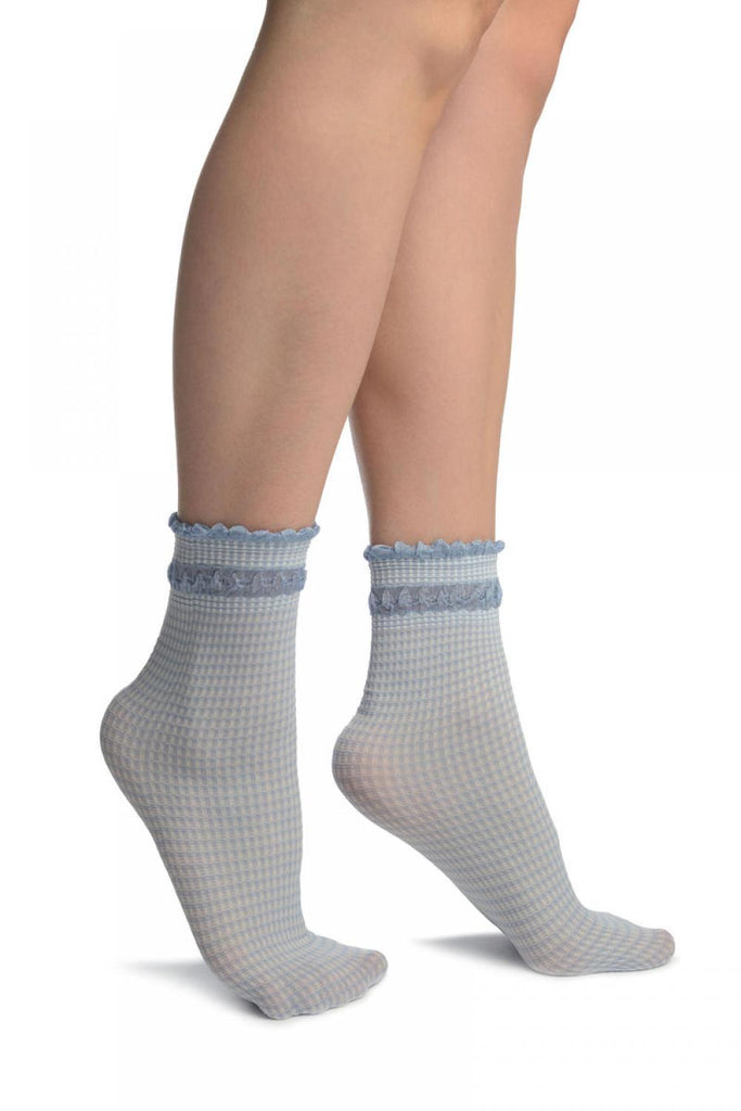 liss kiss White & Blue Checkered And Silky Comfort Top Ankle High Socks - Socks