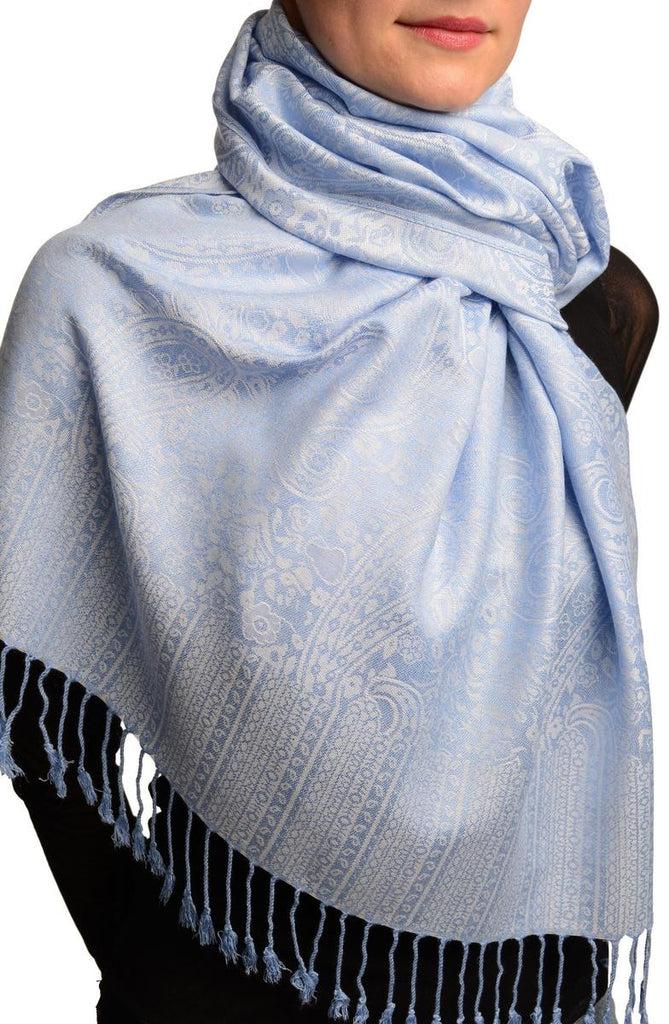 Liss Kiss White & Blue Paisleys Pashmina Feel With Tassels - Scarf