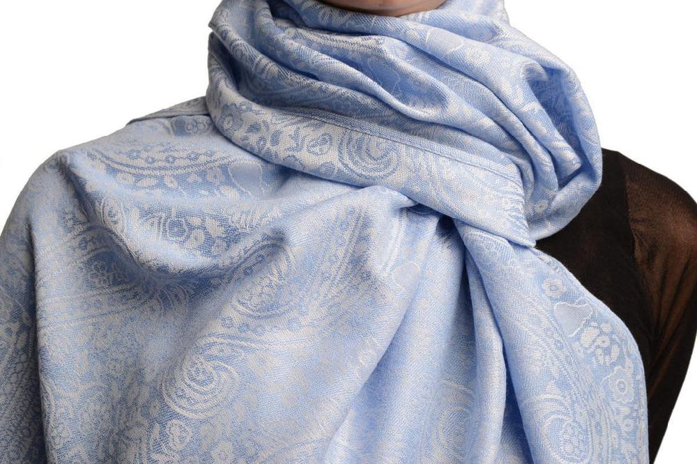 Liss Kiss White & Blue Paisleys Pashmina Feel With Tassels - Scarf
