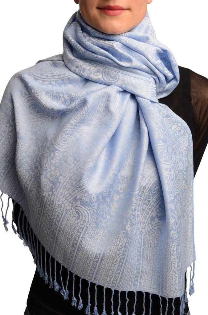 liss kiss White & Blue Paisleys Pashmina Feel With Tassels - Scarf