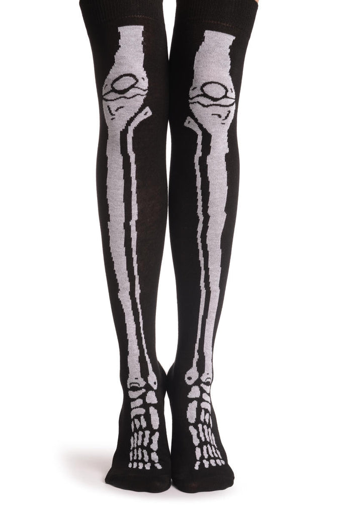 Liss Kiss White Bones On Black (Halloween) - Over The Knee Socks