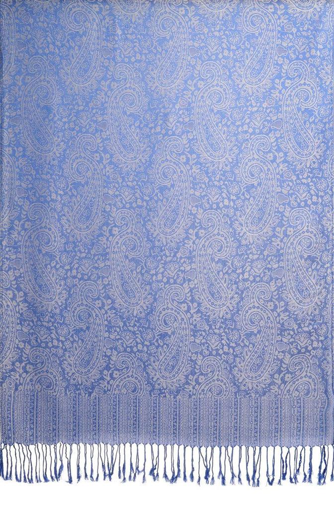 Liss Kiss White & Bright Blue Paisleys Pashmina Feel With Tassels - Scarf