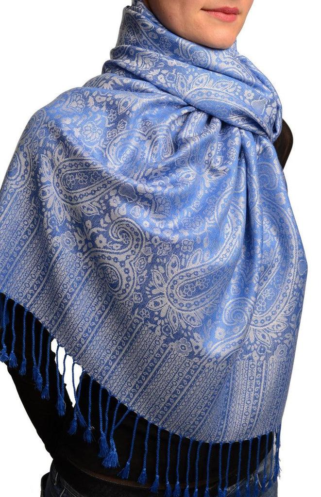 Liss Kiss White & Bright Blue Paisleys Pashmina Feel With Tassels - Scarf