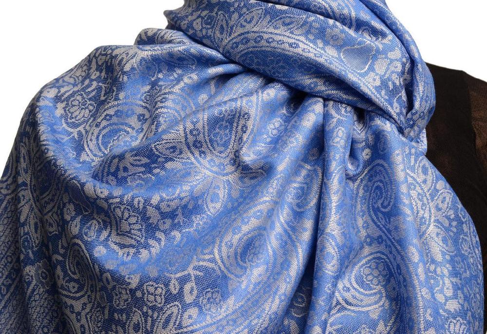 Liss Kiss White & Bright Blue Paisleys Pashmina Feel With Tassels - Scarf