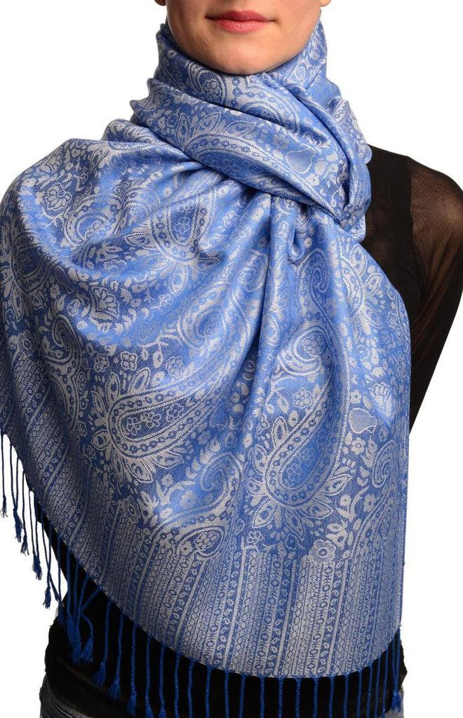 liss kiss White & Bright Blue Paisleys Pashmina Feel With Tassels - Scarf