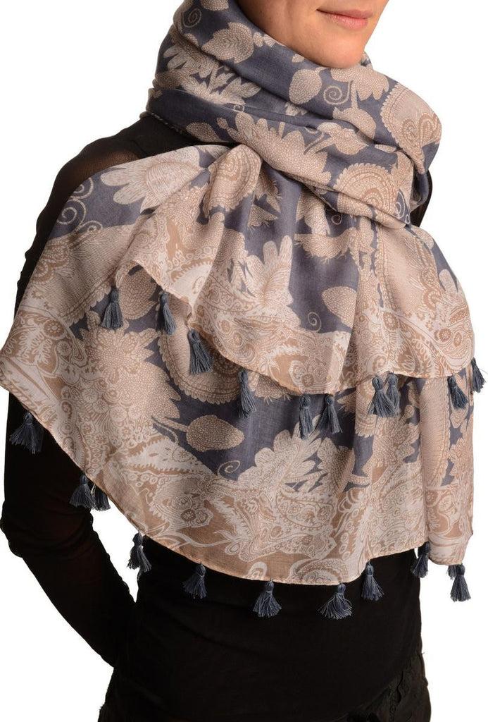 Liss Kiss White & Brown Paisley On Blue Scarf With Tassels - Scarf
