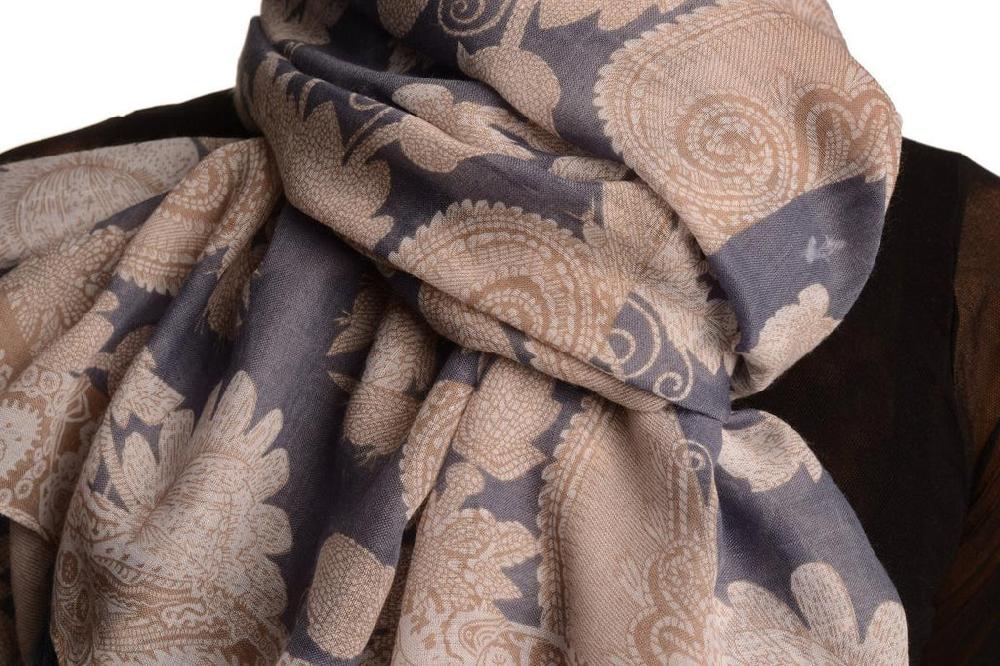 Liss Kiss White & Brown Paisley On Blue Scarf With Tassels - Scarf