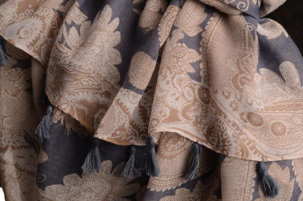 Liss Kiss White & Brown Paisley On Blue Scarf With Tassels - Scarf