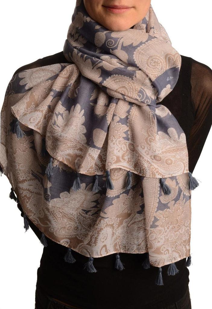 liss kiss White & Brown Paisley On Blue Scarf With Tassels - Scarf