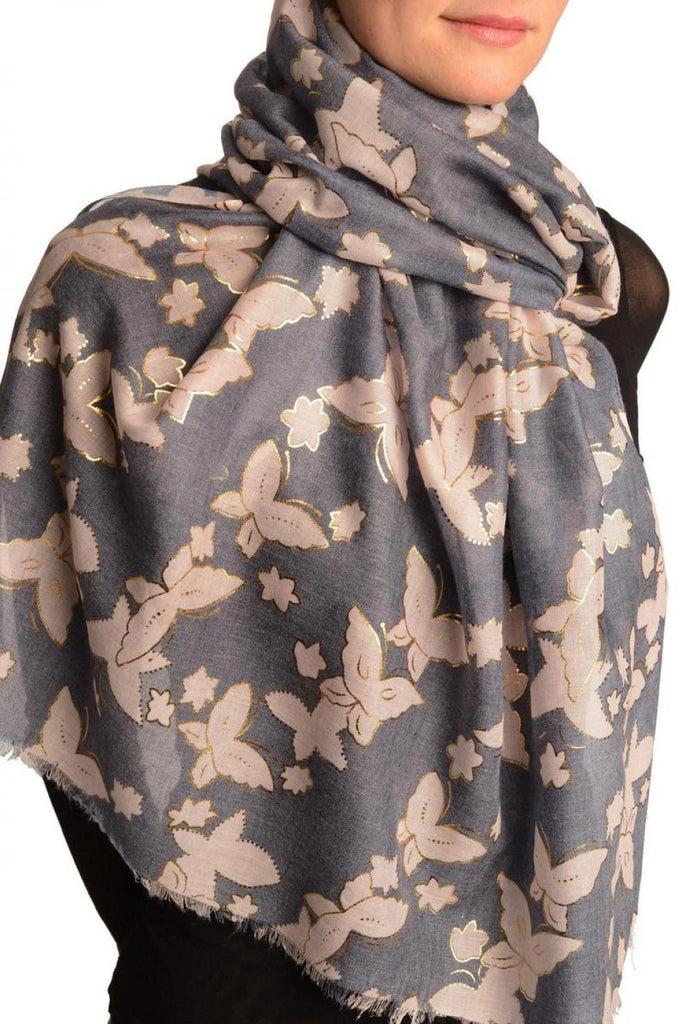 Liss Kiss White Butterflies With Gold Trim On Blue Scarf - Scarf