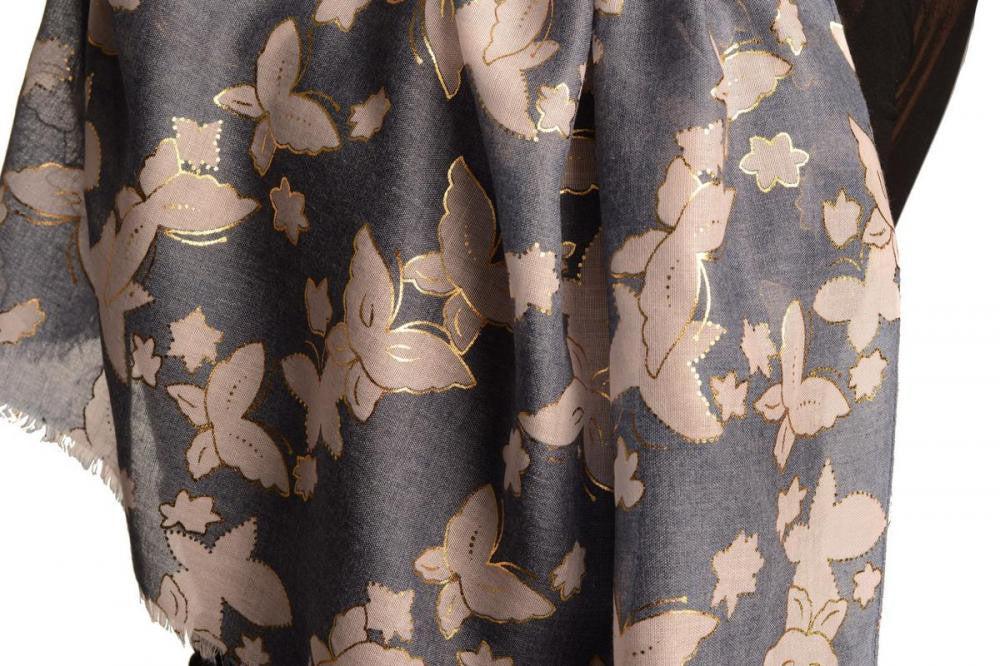 Liss Kiss White Butterflies With Gold Trim On Blue Scarf - Scarf