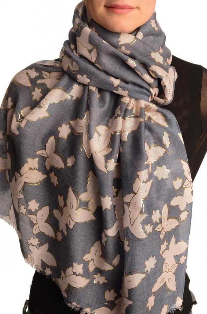 liss kiss White Butterflies With Gold Trim On Blue Scarf - Scarf
