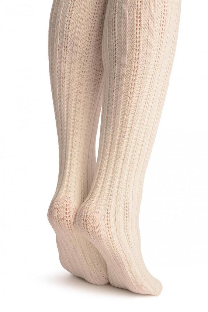Liss Kiss White Cotton Plaits & Stripes With Elasticated Top - Hold Ups