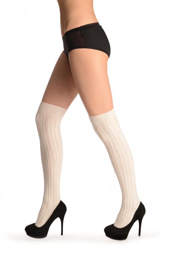 Liss Kiss White Cotton Plaits & Stripes With Elasticated Top - Hold Ups