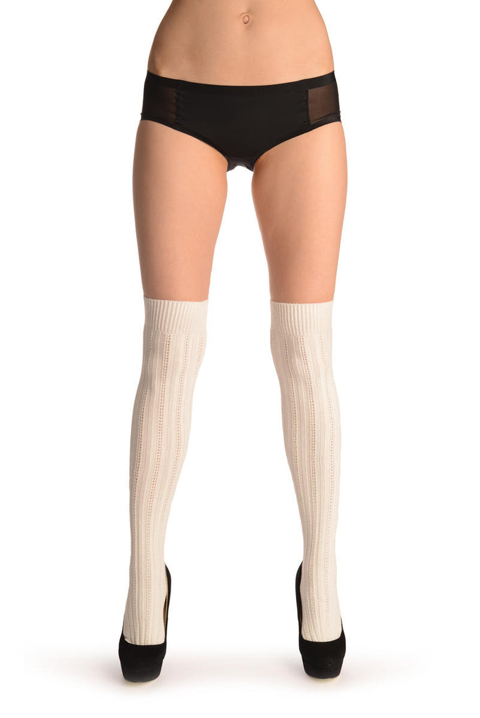 Liss Kiss White Cotton Plaits & Stripes With Elasticated Top - Hold Ups