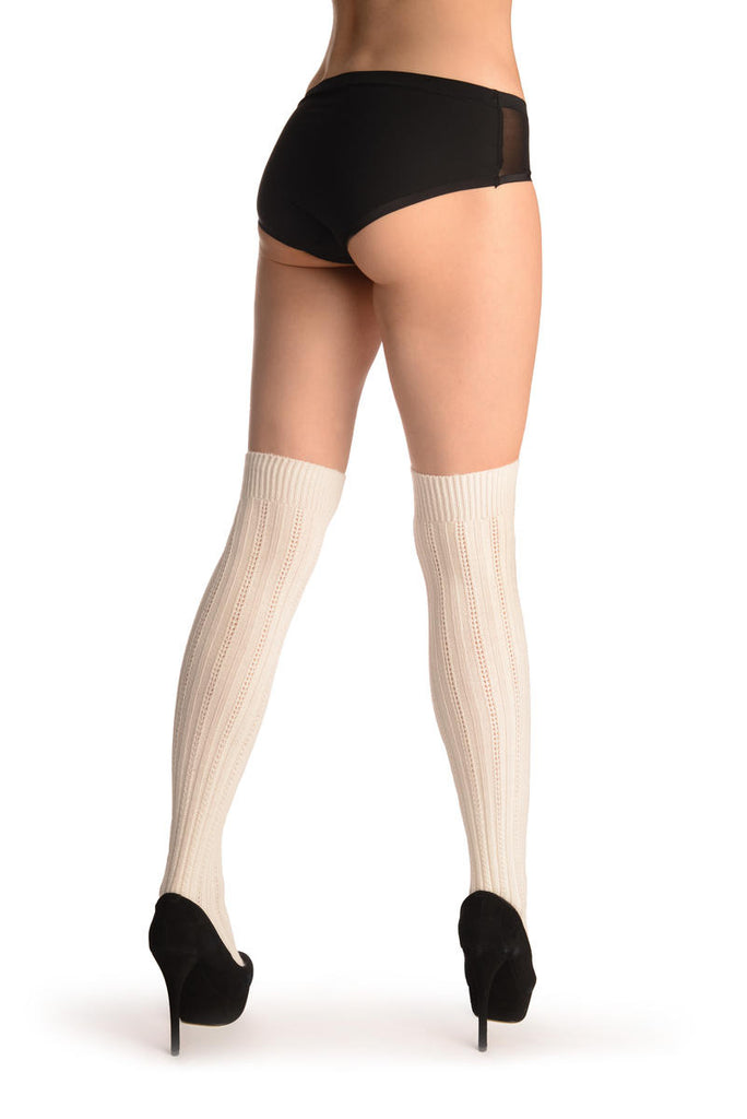 Liss Kiss White Cotton Plaits & Stripes With Elasticated Top - Hold Ups
