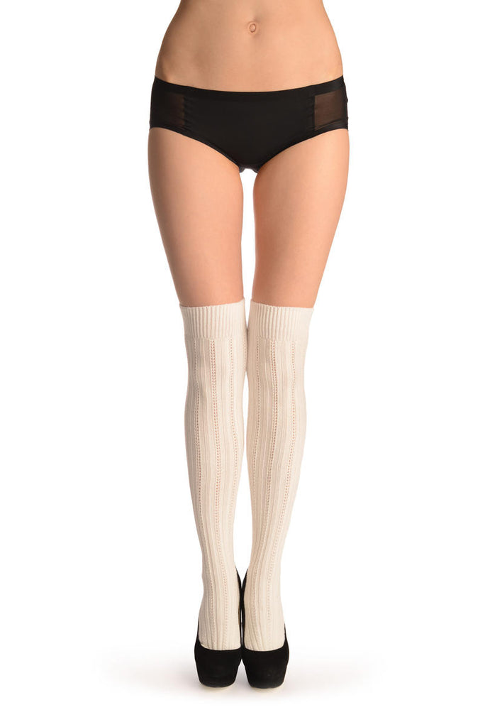 Liss Kiss White Cotton Plaits & Stripes With Elasticated Top - Hold Ups