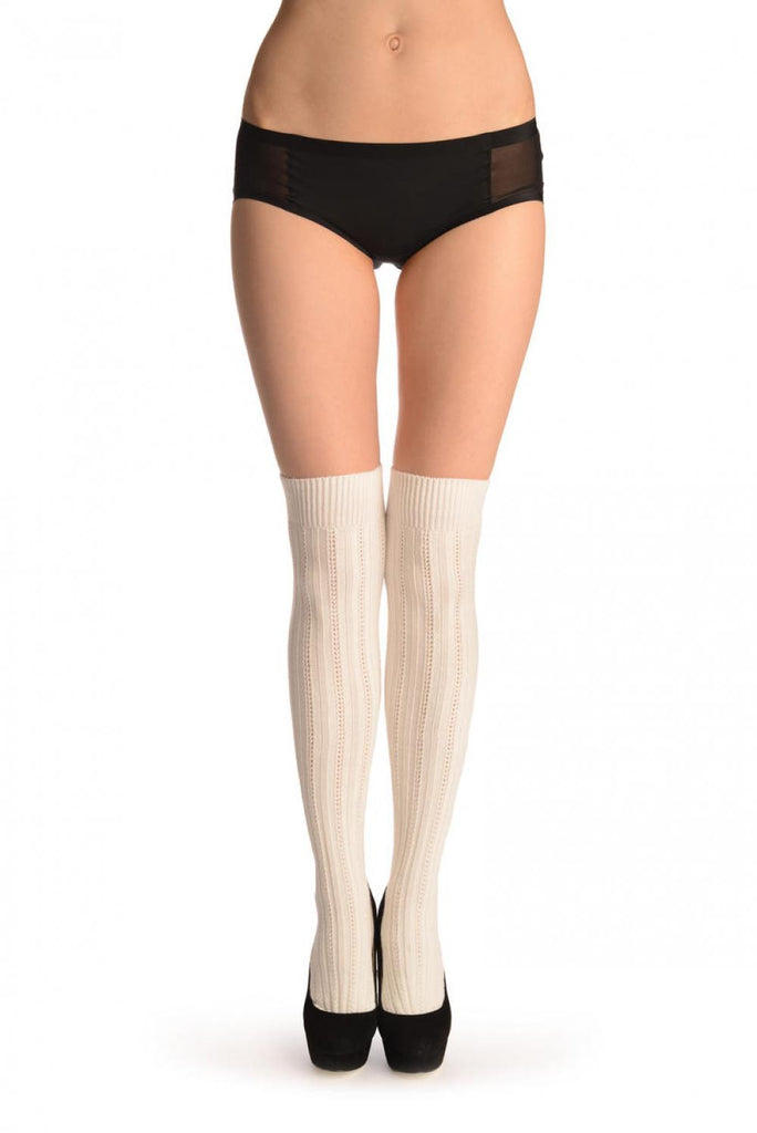 Liss Kiss White Cotton Plaits & Stripes With Elasticated Top - Hold Ups