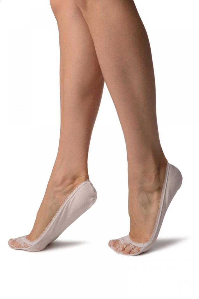 Liss Kiss White Cotton With Floral Lace Front Footies - Footsies Socks