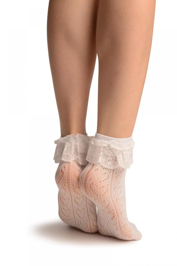 Liss Kiss White Crochet Lace With Ruffled Lace Top Ankle High Socks - Socks