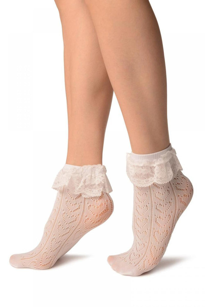 Liss Kiss White Crochet Lace With Ruffled Lace Top Ankle High Socks - Socks