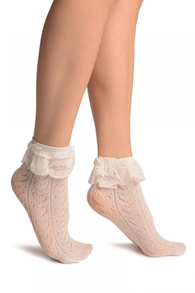 liss kiss White Crochet Lace With Ruffled Lace Top Ankle High Socks - Socks